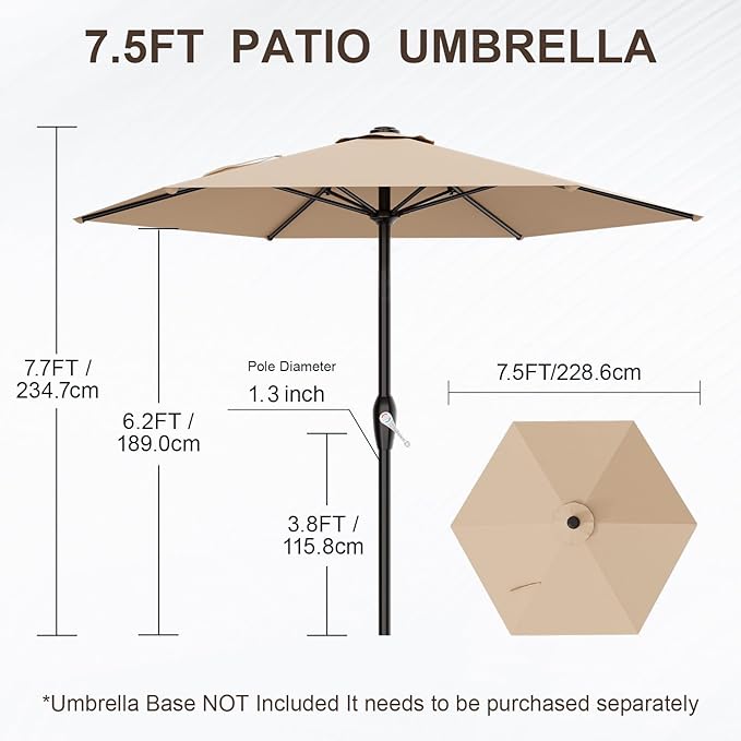 AreShark 7.5FT Patio Umbrellas Outdoor Market Umbrella w/ 6 Fiberglass Ribs, Pool Table Umbrella with Crank UV Protection Windproof for Proch, Deck, Lawn Garden and Backyard(No Tlit),Beige