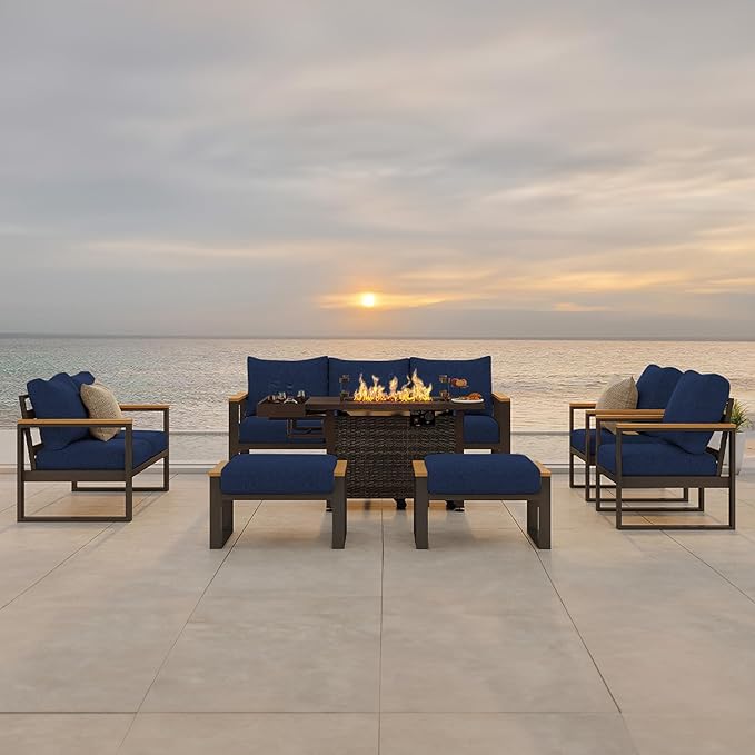 Sundale Outdoor Aluminum Patio Furniture Set, 7 Piece Outdoor Conversation Sets with Fire Pit, Ottoman and Washable Thick Cushions, All Weather Outdoor Sectional Set for Deck, Lawn (Navy Blue)
