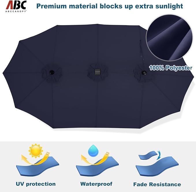 ABCCANOPY 15ft Umbrella Outdoor Patio Solar Lights with Base, Outdoor Double-Sided Rectangle Umbrella for Poolside, Lawn, Backyard (Navy Blue)