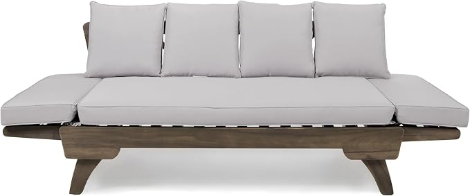 Merax Outdoor Patio Daybed Sofa,3-Seat Sofa with Foldable Arm 4 Back Pillows,Teak Acacia Wood Frame Beige Removable Cushion,Grey
