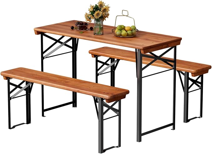 VINGLI 45 Inch Folding Picnic Tables with Benches Set, Weather-Resistant Wooden Beer Garden Table Bench, 3-Piece Portable Fold Up Camping BBQ Table,Walnut Color