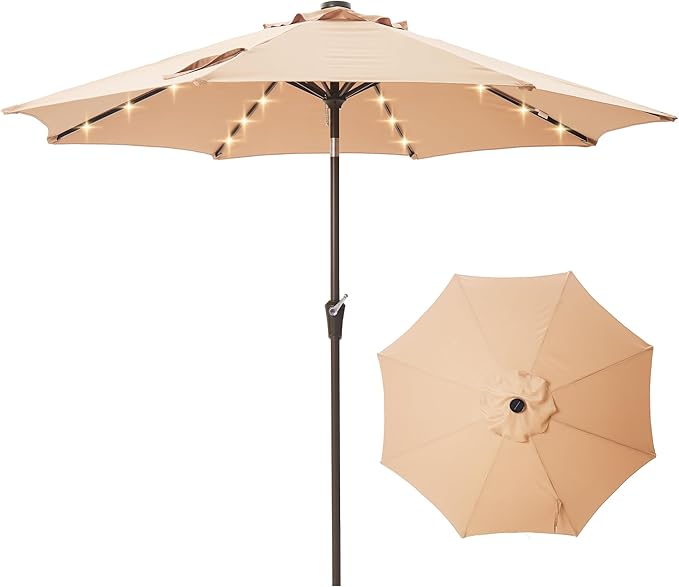 9FT Solar-Powered LED Patio Umbrella with Tilt Crank,Outdoor Market Umbrella with 32 Lights,Sunshade for Deck, Garden and Pool