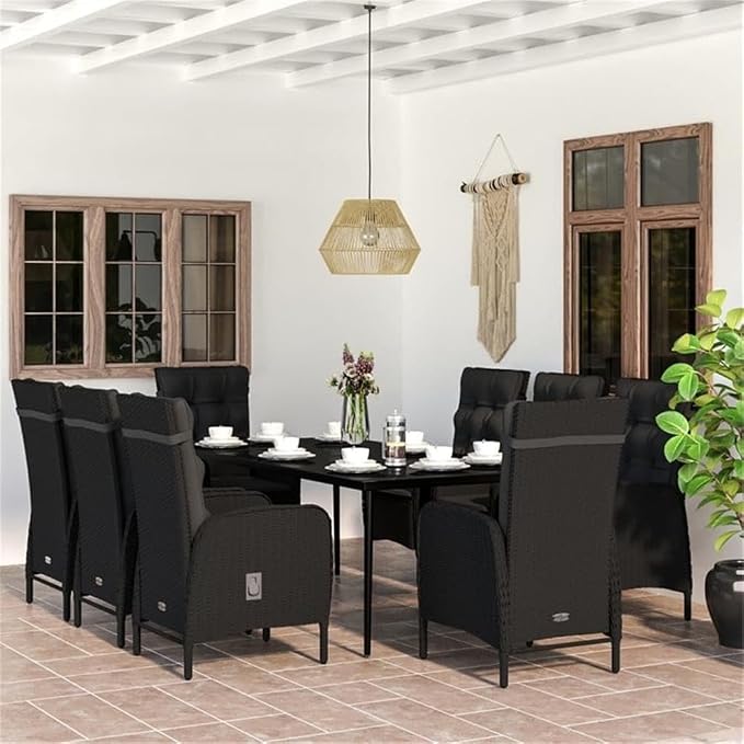 Afuera Living 9-Piece PE Rattan Garden Dining Set, Powder-Coated Steel Glass Table, Black Finish, 78.7 x 39.4 in, Modern Patio Set, Weather-Resistant Outdoor Dining Furniture for Terrace, Backyard,