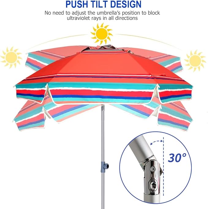 AMMSUN 7ft Heavy Duty HIGH Wind Beach Umbrella with sand anchor Vent Tilt Sun Shelter, UV 50+ Protection Portable Outdoor Sunshade Umbrellas Carry Bag for Patio Garden Pool Backyard Rust Red
