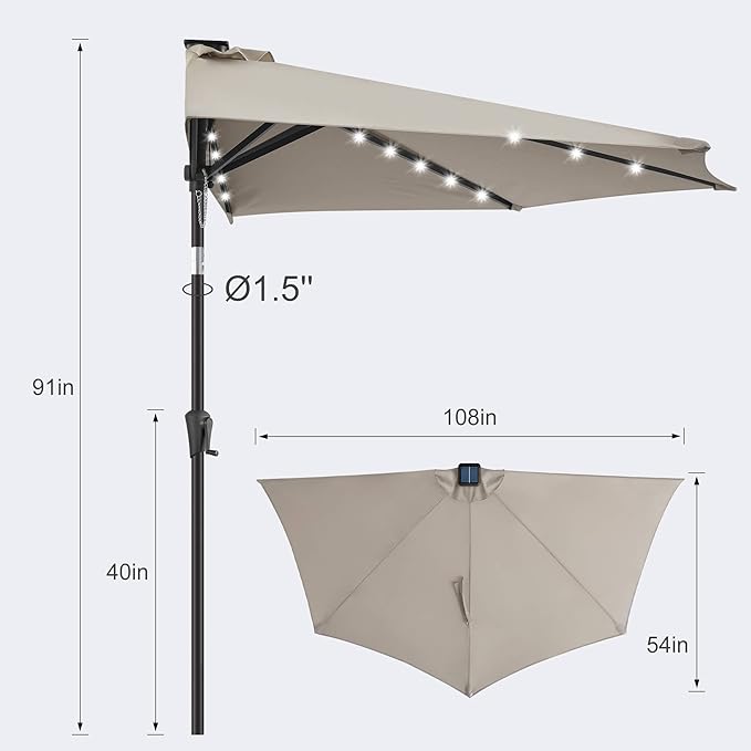 FLAME&SHADE 9 FT Solar Half Patio Umbrella with 25 LED Lights, Half Outdoor Umbrella with Button Tilt, Half Round Table Umbrella For Deck, Backyard, Balconies, Decks, Rvs, UV Protection (Taupe)