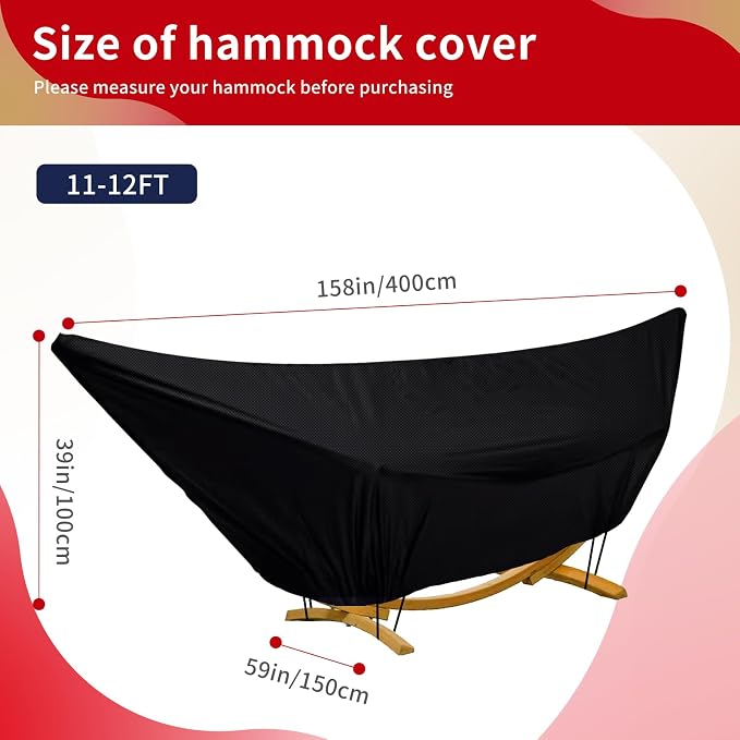 Outdoor Waterproof Hammock Cover for 11-12FT Hammock Stand,with Zip and Elastic Ropes,and It has Windproof Effect,420D Heavy Duty Oxford (Black,11-12foot)