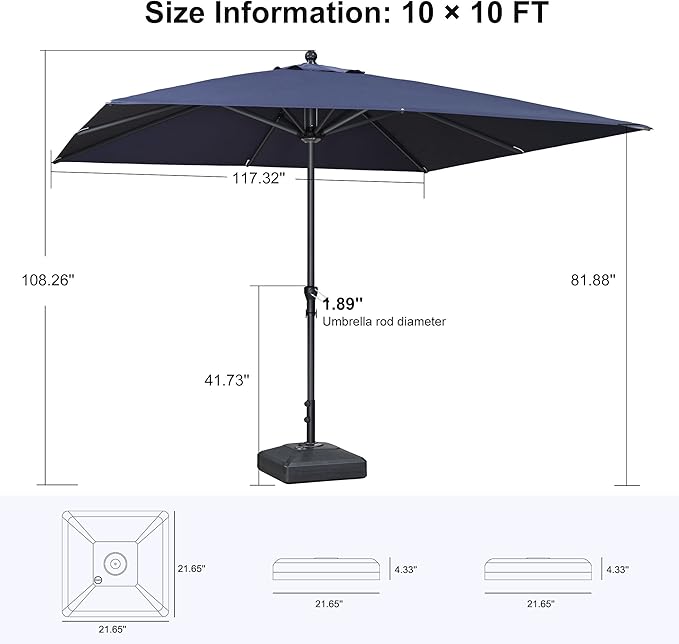 PURPLE LEAF 10' x 10' Square Patio Market Umbrella with Base Outdoor Table Umbrellas Aluminum Frame Sun Shade with 8 Sturdy Ribs for Garden Deck Lawn Pool Navy Blue