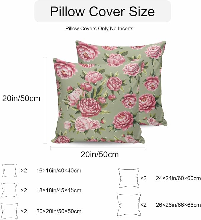 Vandarllin Outdoor Throw Pillows Covers 18x18 inch Set of 2 Waterproof Pink Rose Floral Decorative Zippered Cushion Covers for Patio Furniture, Sage Green Leaves Flowers Lumbar Pillowcases