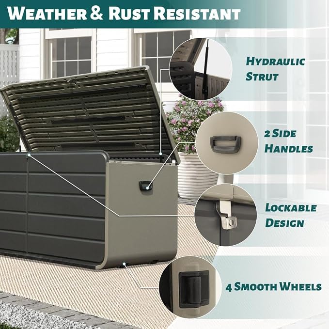 160 Gallon Waterproof Outdoor Deck Box Storage Chest in Dark Gray, Large Capacity Patio Storage for Garden Tools, Cushions, and More (200 Gallon (Gray) - Plastic)