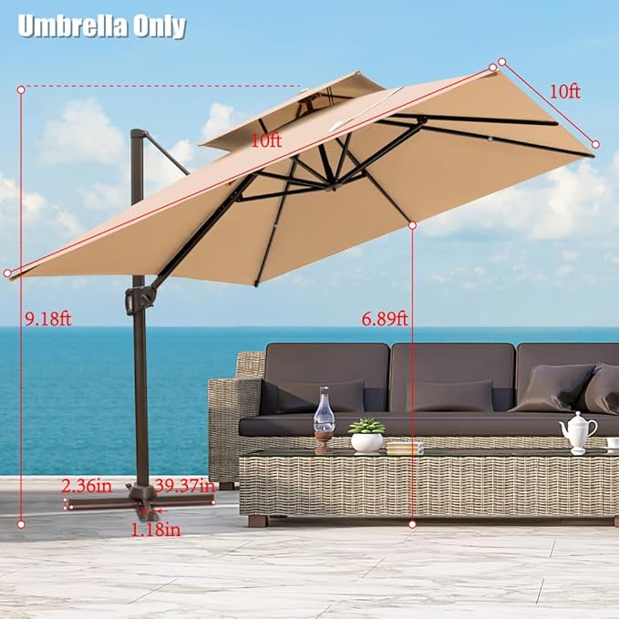 HomeRoots 10' Tan Polyester Square Tilt Cantilever Patio Umbrella with Stand