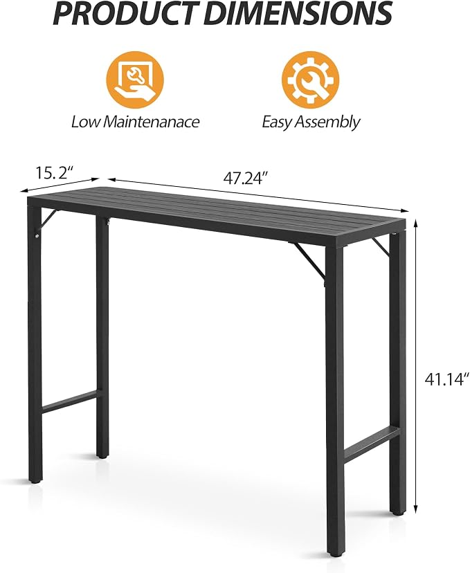 Outdoor Bar Table, 47” Patio Bar Height Table, Bar Counter Pub Dining Table with Waterproof Top for Balcony，Garden, Yard, Poolside (Black)