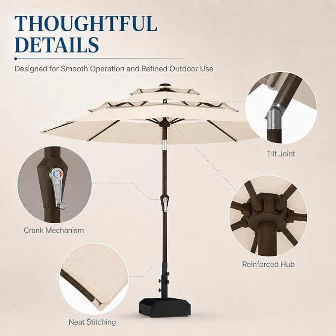 10ft Patio Umbrella, 3-Tier Vented Outdoor Table Umbrella with 8 Sturdy Fiberglass Ribs, Windproof Market Umbrella with Push Button Tilt and Crank, UV Protection for Deck, Pool, Beige