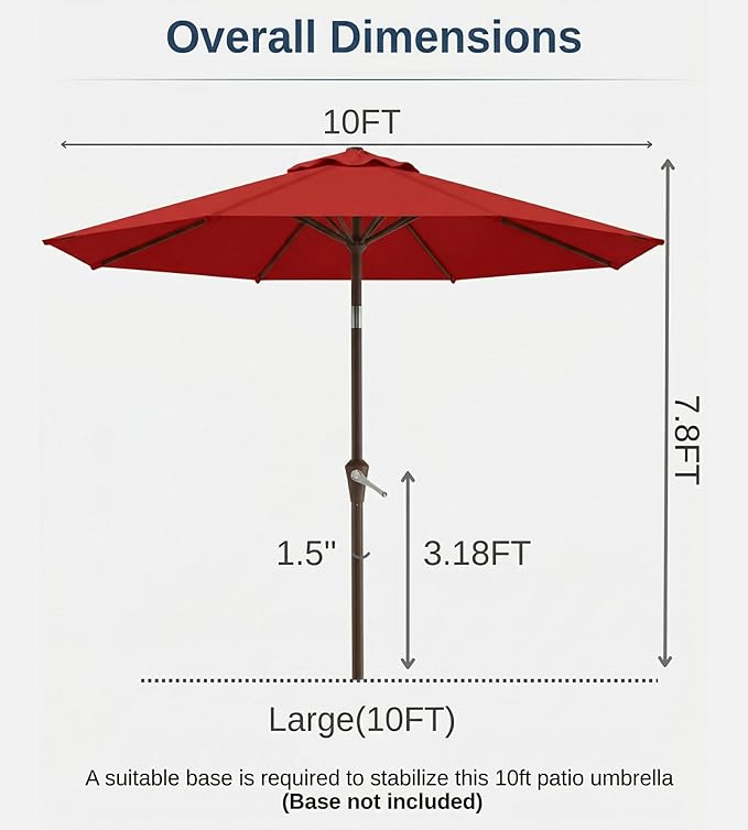 10FT Patio Umbrella, Outdoor Umbrella with Push Button Tilt and Crank, 8 Sturdy Ribs, UV Protection & Waterproof Market Umbrella for Pool, Backyard, Beach,Deck (Red)