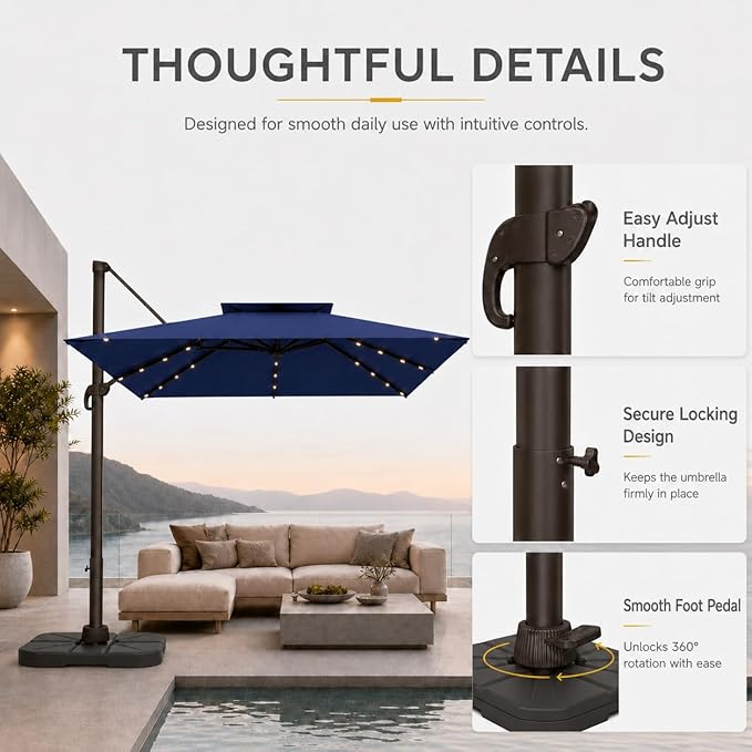 10FT Cantilever Patio Umbrella with Solar Lights, Large Outdoor 2 Tier Aluminum Offset Square Umbrellas 360 Degree Rotation for Garden Deck Pool