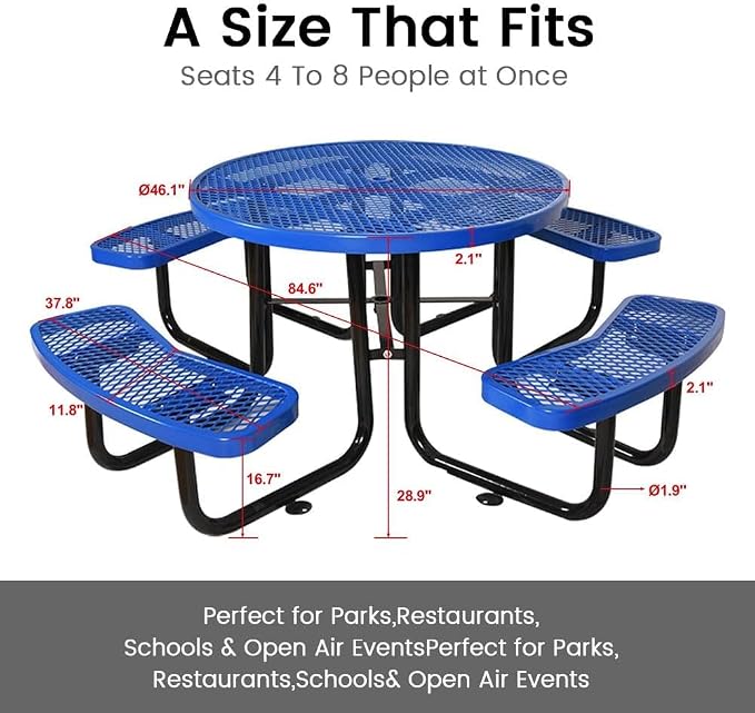 46" Round Commercial Picnic Table for 4-8 Person, Heavy Duty Metal Outdoor Picnic Table with Umbrella Hole for Coffee Shop, School, Hospital, Easy to Install, Blue