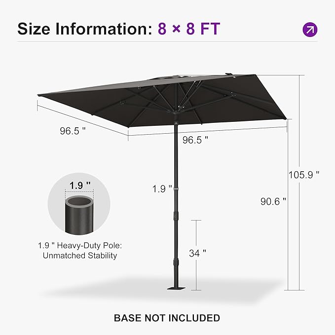 PURPLE LEAF 8' x 8' Square Semi-Auto Outdoor Patio Umbrella Aluminium Market Umbrella Table Sun Umbrella with 1.89" Rod and 8 Sturdy Ribs for Deck Lawn Pool Garden, Gray