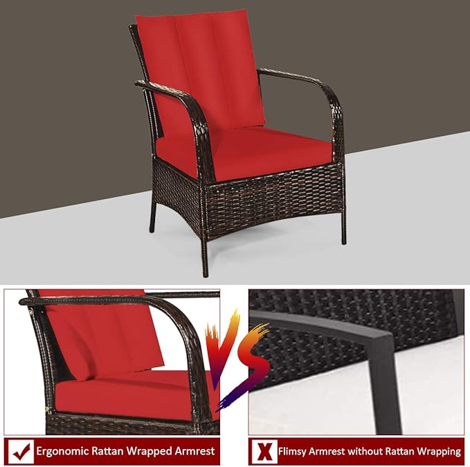 Tangkula 3 Piece Patio Furniture Set, 2 Wicker Chairs with Glass Top Coffee Table, Outdoor Garden Porch Poolside Furniture Set for 2, Rattan Conversation Set