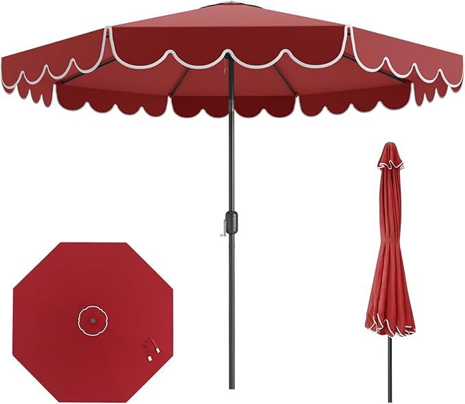 RELAX4LIFE 10 FT Scalloped Patio Umbrella, Market Table Umbrella with Push Button Tilt, Crank, 8 Sturdy Metal Ribs, Vented Top, Sun-Protective Ruffled Canopy, Heavy-duty Outdoor Parasol for Garden Poolside Deck