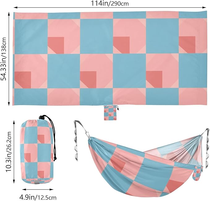Light Blue and Blush Checkered Pattern 330lb Capacity Outdoor Hammock with Tree Straps Indoor Hammock for Outside Camping Essentials sillas para acampar