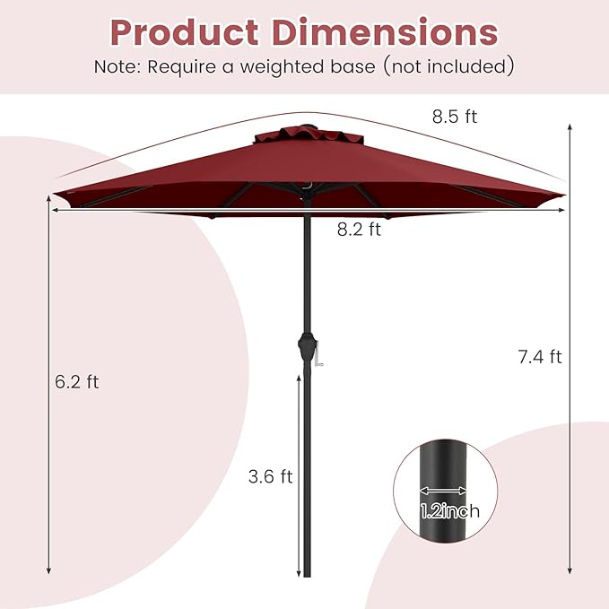 8.5 FT Patio Umbrella Outdoor Table Umbrella, Market Umbrella with Crank Handle, 8 Sturdy Ribs, Air Vent & Sun-Protective Canopy, Parasol for Garden, Backyard, Deck & Pool