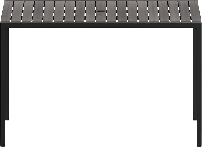 Flash Furniture Lark Commercial Outdoor Steel Dining Table with Umbrella Hole - Gray Wash Faux Teak Poly Slatted Top - Black Frame - 30x48 Table Seats up to 4 Adults