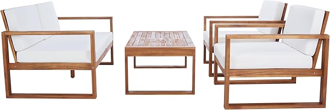 SAFAVIEH Outdoor Collection Emiko Natural/Beige Cushion Solid Wood 4-Piece Conversation Patio Set