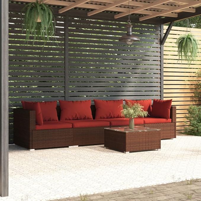 Patio Lounge Set with Cushions,Outdoor Table and Chairs Set,Terrace Conversation Set Furniture,Outdoor Furniture,for Garden,Backyard,5 Piece Poly Rattan Brown