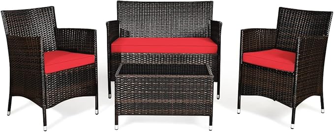 GLACER 4 Pieces Rattan Conversation Set - Patio Furniture Set W/High-Elasticity Cushion & Tempered Glass Center Coffee Table, Outdoor Wicker Sofa Chair Set for Garden, Porch, Poolside & Backyard