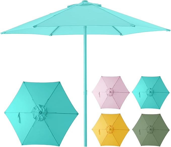 HOMSHADE 7.5ft Outdoor 1S Push-Up Patio Umbrella - Market Table Pool Deck Umbrella UPF50+ UV Protection with 6 Sturdy Ribs for Balcony, Garden, Lawn, Backyard (Light Blue)