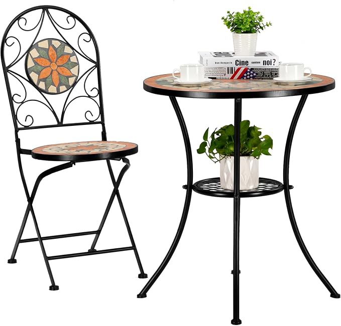 VINGLI Garden Patio Mosaic Table, Outdoor Bistro, Black Iron Frame, 23.6" Round End Table, Accent Table (Does not Include Chairs)