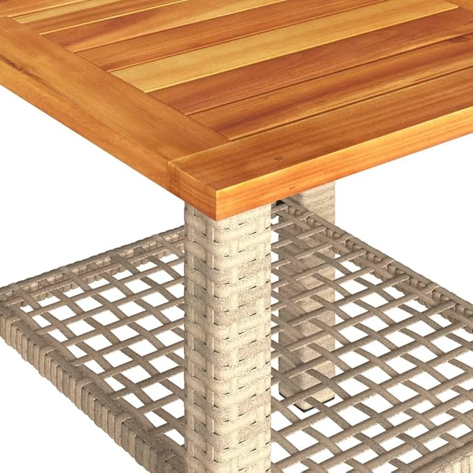 Beige 15.7x15.7x16.5 Inch PE Rattan Side Table with Acacia Wood Top for Garden Patio Backyard