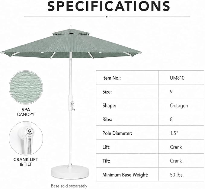 Treasure Garden 9ft Patio Umbrella - Outdoor Furniture Market Umbrella – Deluxe Auto-Tilt – White Aluminum Frame (Sunbrella, Spa)