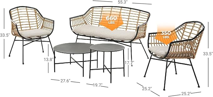 Grand patio Patio Furniture Set, Outdoor Wicker Patio Conversation Seating Chair with Cushions and Coffee Table, Boho Seating Chat Set for Indoor Outdoor, Balcony, Porch, Garden, Deck