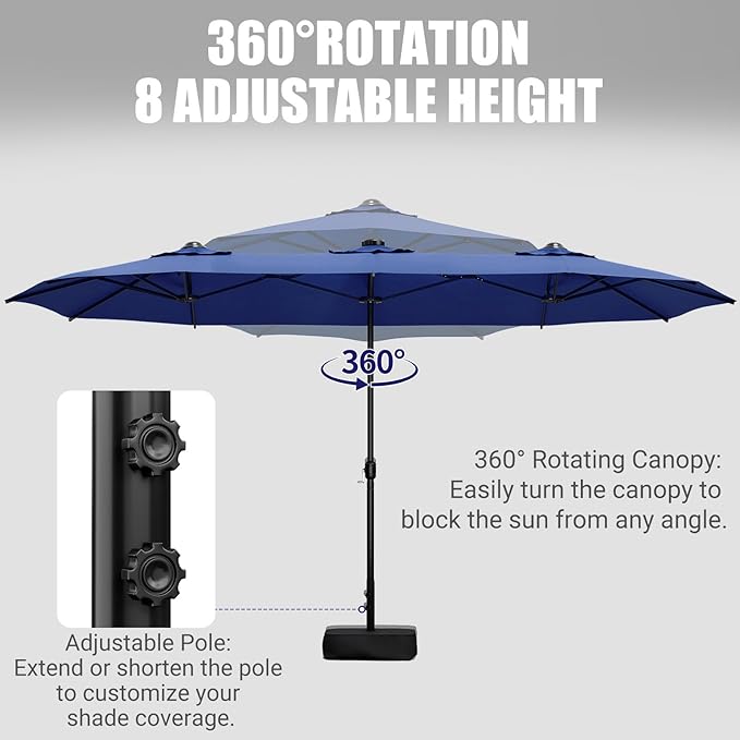 LEVELEVE 15FT Double-Sided Patio Umbrella with Base Included, Large Outdoor Rectangular Market Umbrella for Backyard, Poolside, Lawn & Garden,Blue