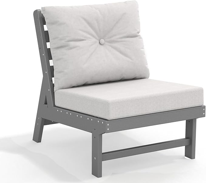 GREENVINES Outdoor-Couch | HDPE Plastic | Patio Sectional Conversation Sets | All Weather Couches | Armless Single Sofa | for Porch Deck Lawn | Gray Frame Light Gray Cushion
