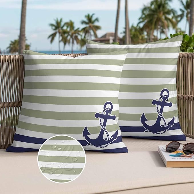 Throw Pillow Covers 16x16 Inch Set of 2, Striped Anchor Waterproof Outdoor Cushion Covers, Navy Blue Nautical Sage Green Geometric Decorative Pillowcases for Couch, Sofa, Bed, Garden, Patio