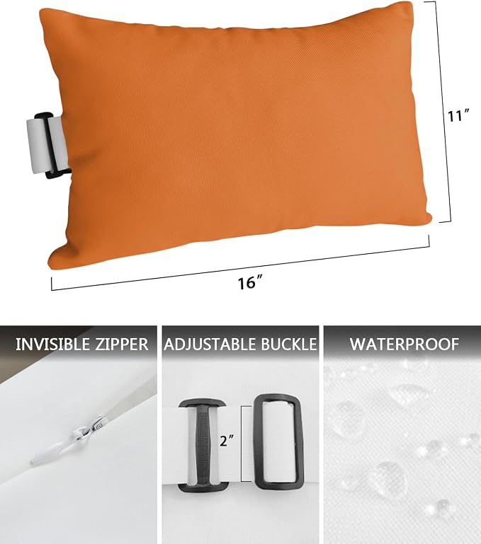 Outdoor Pillow for Chaise Lounge Chair, Fall Pure Orange Solid Color Waterproof Recliner Headrest Pillow Lumbar Pillows with Adjustable Elastic Strap for Beach, Poolside, Patio, Office (2 Pack)