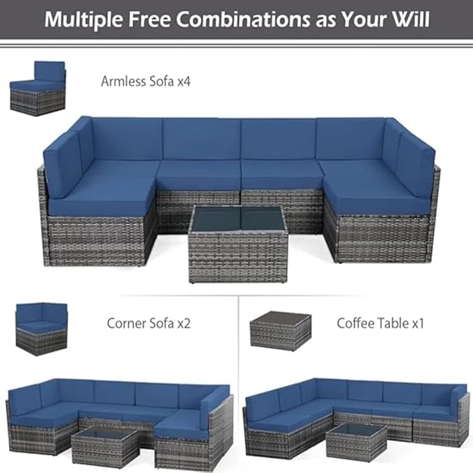 U-MAX 7 Piece Outdoor Patio Furniture Set with 43 Inch Fire Pit Table, PE Rattan Wicker Sofa Set, Outdoor Sectional Furniture Chair Set with Cushions and Tea Table, Grey Rattan&Dark Blue Cushion