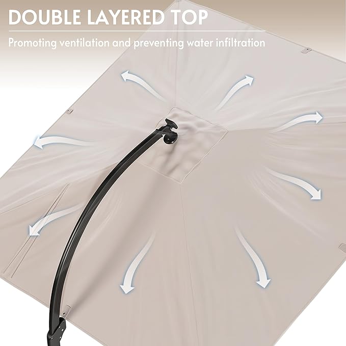 11x11FT Solar Powered LED Light Cantilever Patio Umbrella with Base Included, Large Cantilever Umbrella with 360°Rotation, Heavy-Duty Offset Outdoor Umbrella for Patio,Pool,Backyard (Champagne)