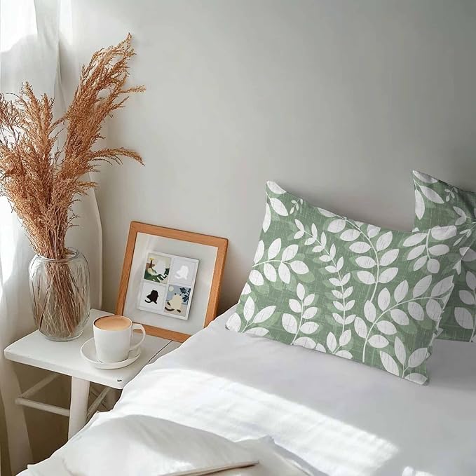 Green Leaves Outdoor Waterproof Throw Pillow Covers 20x12 Set of 2, Farmhouse Botanical Branch Vintage Boho Leaf Decorative Pillowcases Cushion Pillowcase for Couch Sofa Patio Outside Pillow Protector