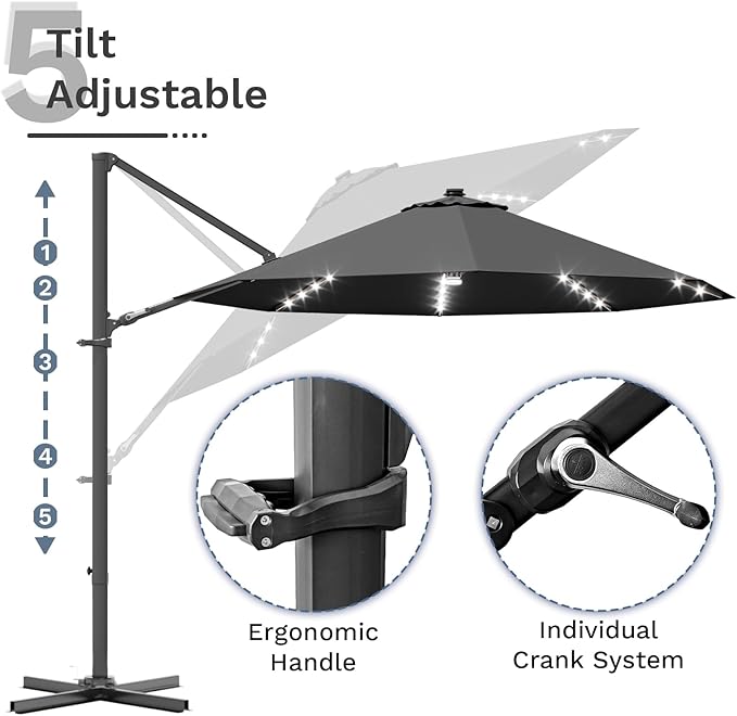 Devoko 10ft Solar LED Patio Umbrella, Round Cantilever Outdoor Umbrella with Solar Lights and 360-Degree Rotation, Large Hanging Offset Market Umbrella with Easy Tilt for Patio Deck Garden,Black