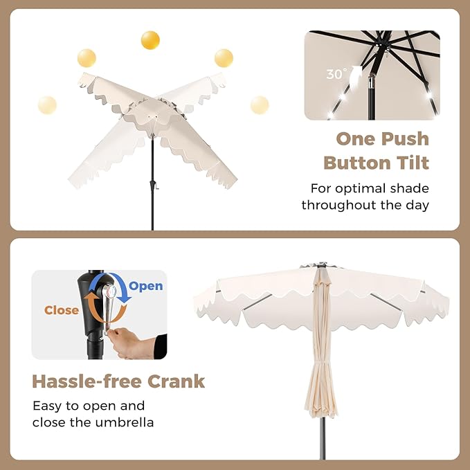 Tangkula 10 FT Solar Patio Umbrella with Base Included, 2-Tiers Outdoor Scalloped Table Umbrella with 32 LED Lights, 2 Sandbags, Tilt Adjustment, Crank, 8 Ribs for Market Backyard Pool Deck Beach Lawn (Beige, 10 FT)