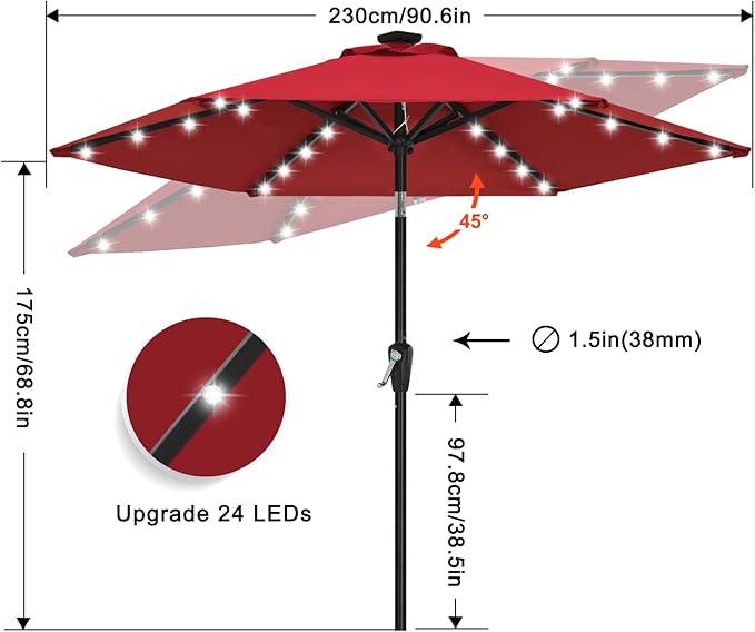 ABCCANOPY Durable Solar Led Patio Umbrellas with 24LED Lights 7.5FT with 6 Sturdy Ribs (Burgundy)