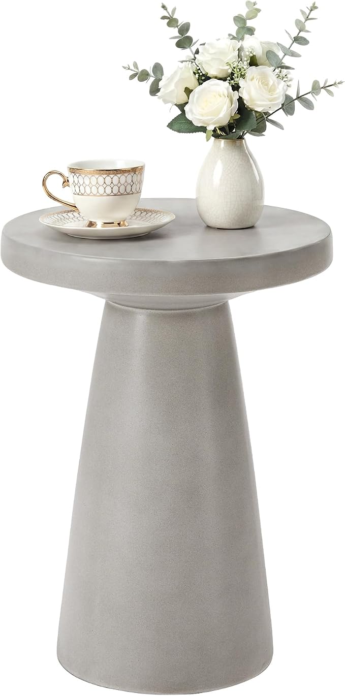 HOMPUS Outdoor Side Table Large, Concrete Side Table Faux Stone Cone Shaped, Patio Round Accent Table, Lightweight MgO Tall Coffee Table Garden Tool for Home Decor, Porch and Deck, Grey