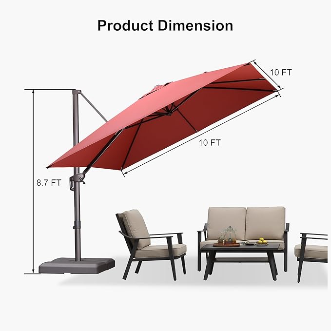 PURPLE LEAF 10' X 10' Patio Cantilever Umbrella Antique Bronze Square Outdoor Umbrella with 360° Rotation and Aluminum Offset Hanging for Garden Backyard Pool, Brick Red