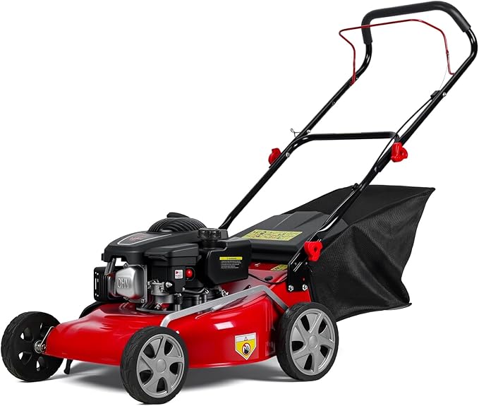 3 in 1 Self Propelled Gas Lawn Mower, 131cc 4-Stroke Engine with 50L Grass Bag & Big Wheels, 3-in-1 Mulching/Side Discharge/Rear Bag, Push Button Start for Medium to Large Lawns Red