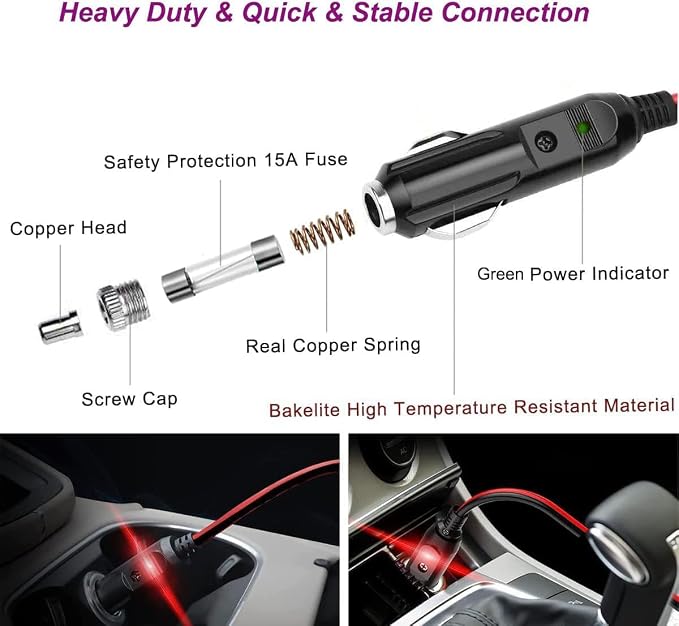 Cigarette Lighter Male Plug Adapter Inverter Cable Power Supply Cord Heavy Duty 12V/24V 5FT/1.5M 14AWG for Car Inverter,Air Pump, Electric Cup, Tire Inflator DIY (14 AWG, 5FT)