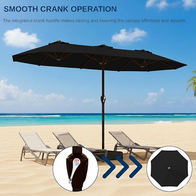 15FT Large Patio Umbrella with Base, Double Sided Rectangular Outdoor Umbrella with Sturdy Fiberglass Ribs, UPF 50+ Sun Protection, Wind-Resistant, Waterproof Fade-Resistant Fabric for Pool, Garden, Backyard, Deck(Black)