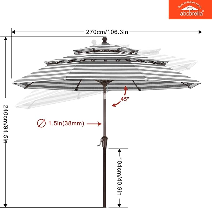 ABCCANOPY 5-Year 10-Year No Fading 9FT 3 Tiers Patio Umbrella, Outdoor Table Umbrella with 8 Sturdy Ribs for Deck, Backyard, Garden, Yard