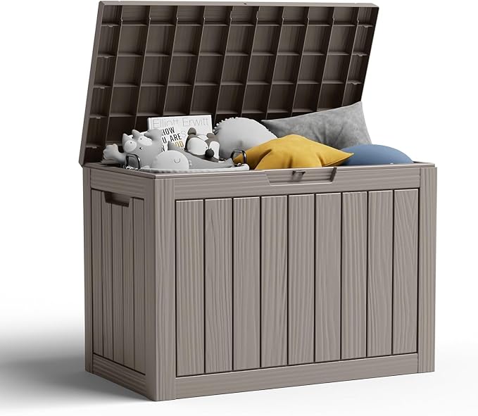 Vixzen 45 Gallon Resin Deck Box, Lockable Outdoor Storage Box for Patio Cushions Storage Furniture,Garden Tools, Pool Supplies, Weatherproof and UV Resistant- Light Brown